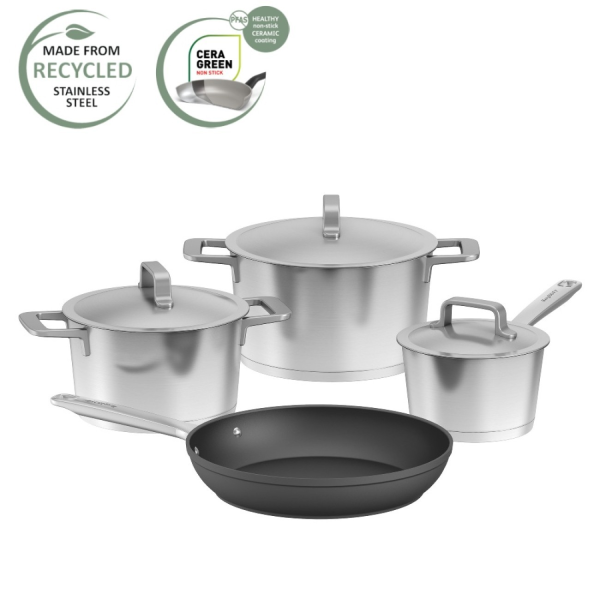 BergHOFF Σετ 4 τεμ. Κατσαρόλες με καπάκι 16/20/24εκ. & τηγάνι 28εκ. από Ανακυκλωμένα υλικά σειρά Meta DiNa